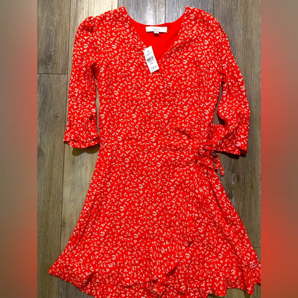 LOFT Red and White Ruffled Fit and Flare Dress XXS-NWT